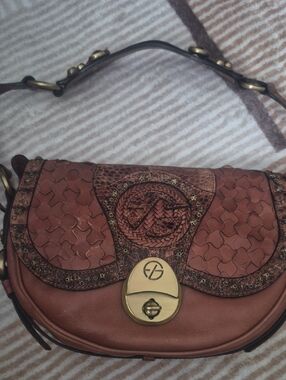 Designer-Style Woven Leather Shouder Bag in Cognac Brown Francesco Biasia